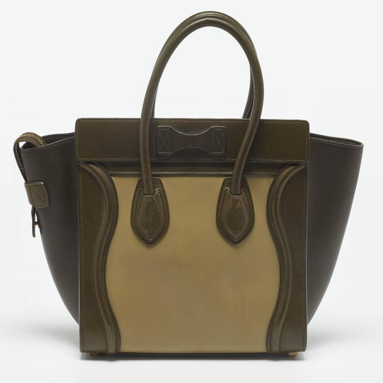 Pre Owned Celine Beige/Olive Green Leather Micro Luggage Tote