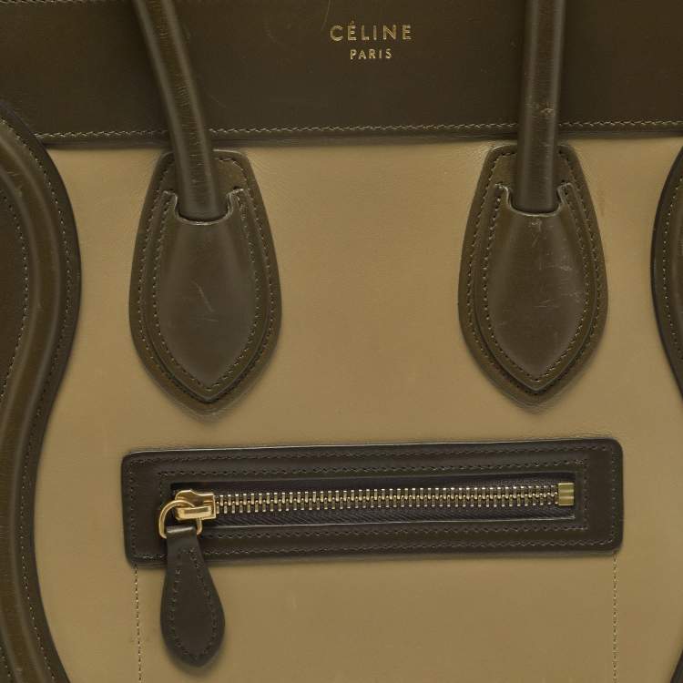 Pre Owned Celine Beige/Olive Green Leather Micro Luggage Tote