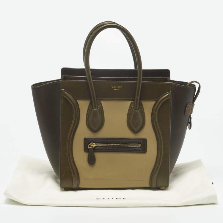 Pre Owned Celine Beige/Olive Green Leather Micro Luggage Tote