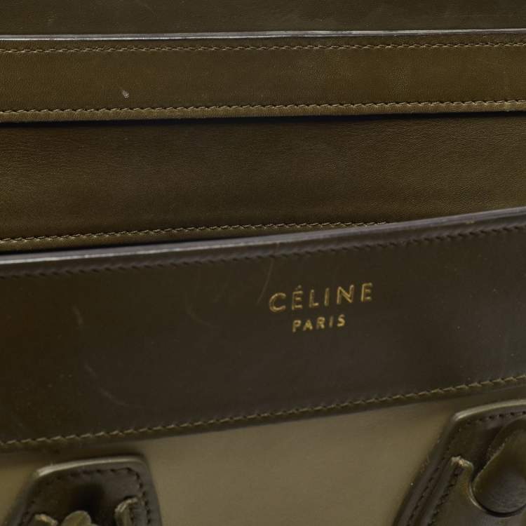 Pre Owned Celine Beige/Olive Green Leather Micro Luggage Tote