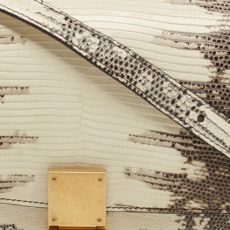 Pre Owned Celine Black/Cream Lizard Medium Classic Box Shoulder Bag