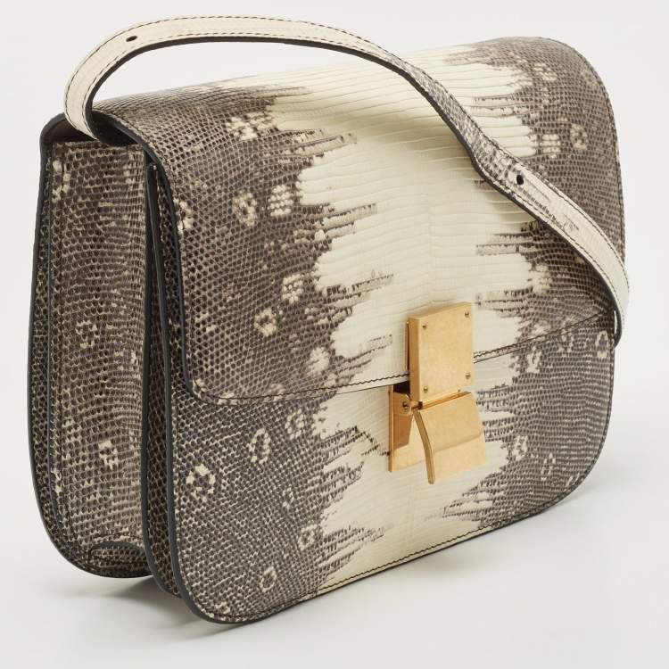 Pre Owned Celine Black/Cream Lizard Medium Classic Box Shoulder Bag