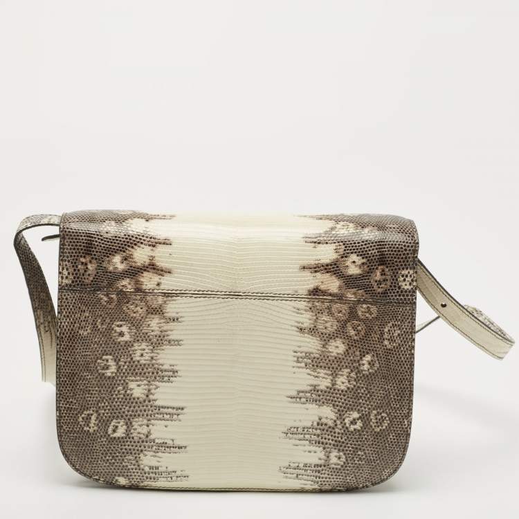 Pre Owned Celine Black/Cream Lizard Medium Classic Box Shoulder Bag