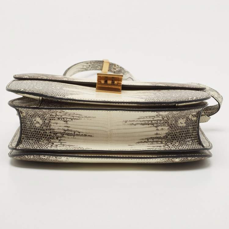 Pre Owned Celine Black/Cream Lizard Medium Classic Box Shoulder Bag