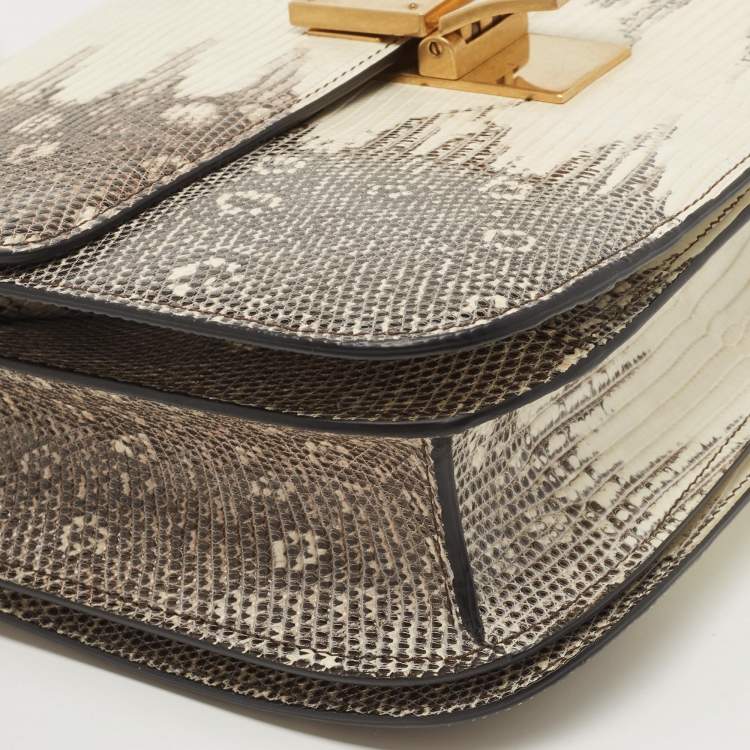 Pre Owned Celine Black/Cream Lizard Medium Classic Box Shoulder Bag