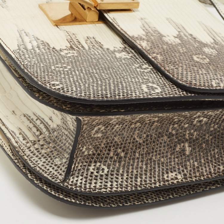 Pre Owned Celine Black/Cream Lizard Medium Classic Box Shoulder Bag