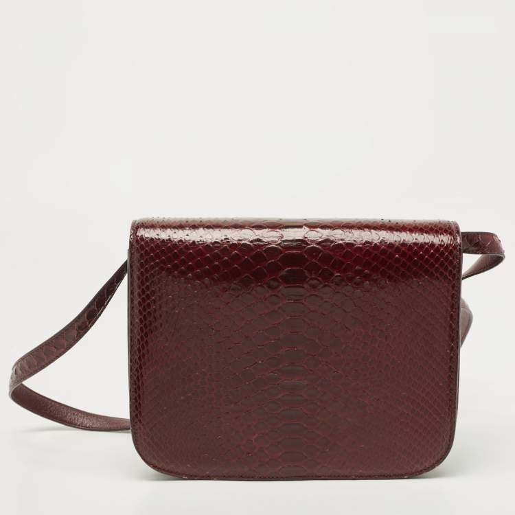 Pre Owned Celine Burgundy Python Medium Classic Box Shoulder Bag