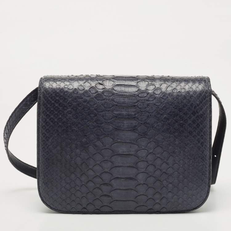 Pre Owned Celine Navy Blue Python Medium Classic Box Shoulder Bag