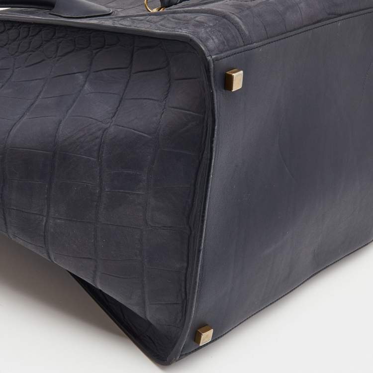 Pre Owned Celine Navy Blue Croc Embossed Leather Medium Phantom Luggage Tote