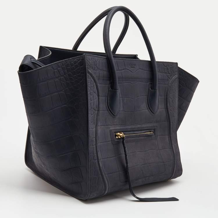 Pre Owned Celine Navy Blue Croc Embossed Leather Medium Phantom Luggage Tote