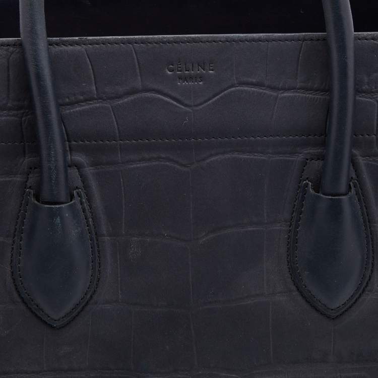 Pre Owned Celine Navy Blue Croc Embossed Leather Medium Phantom Luggage Tote