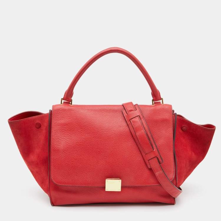 Pre Owned Celine Red Leather and Suede Medium Trapeze Bag