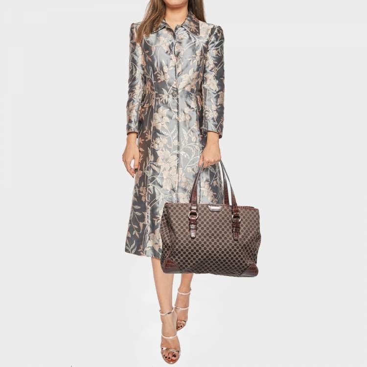 Pre Owned Celine Brown Macadam Fabric and Croc Embossed Leather Tote