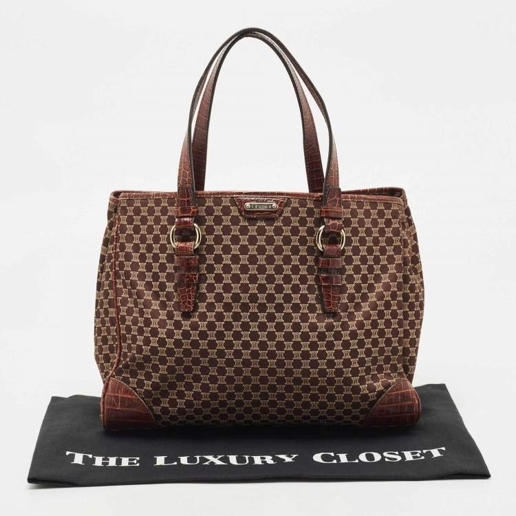 Pre Owned Celine Brown Macadam Fabric and Croc Embossed Leather Tote