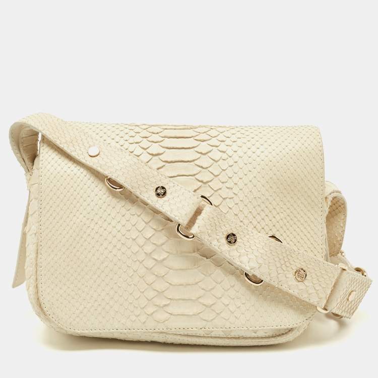 Pre Owned Celine Off White Python Flap Crossbody Bag