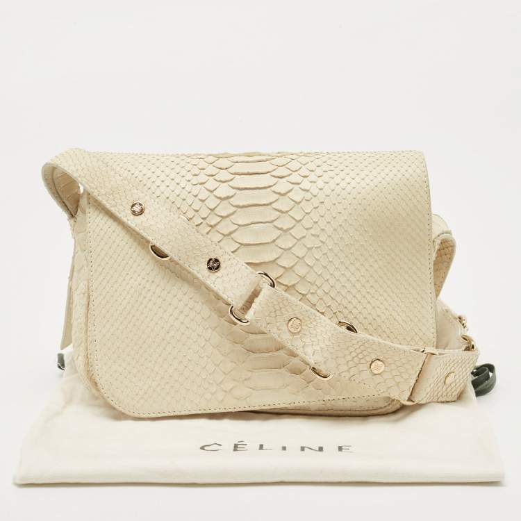 Pre Owned Celine Off White Python Flap Crossbody Bag