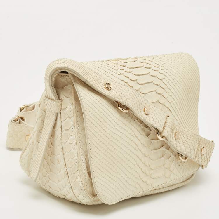 Pre Owned Celine Off White Python Flap Crossbody Bag
