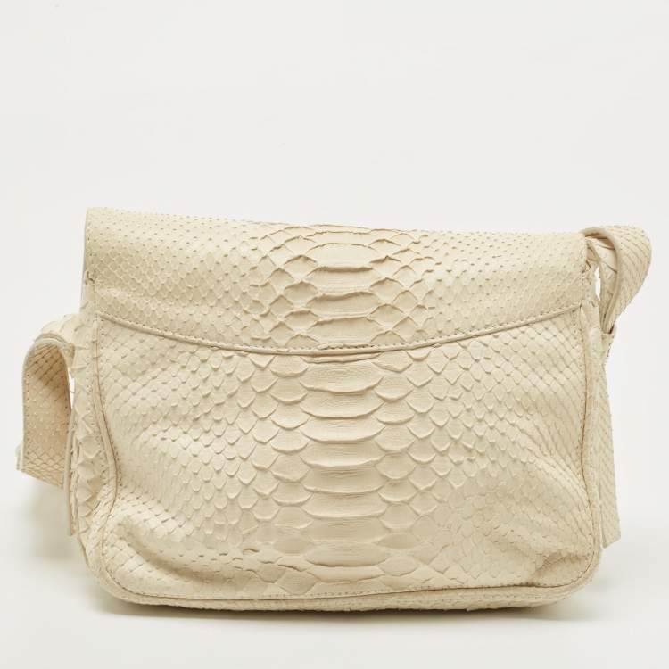 Pre Owned Celine Off White Python Flap Crossbody Bag