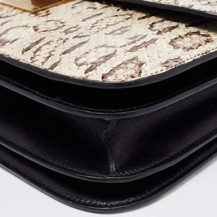 Pre Owned Celine Black/Beige Python and Leather Medium Classic Box Shoulder Bag