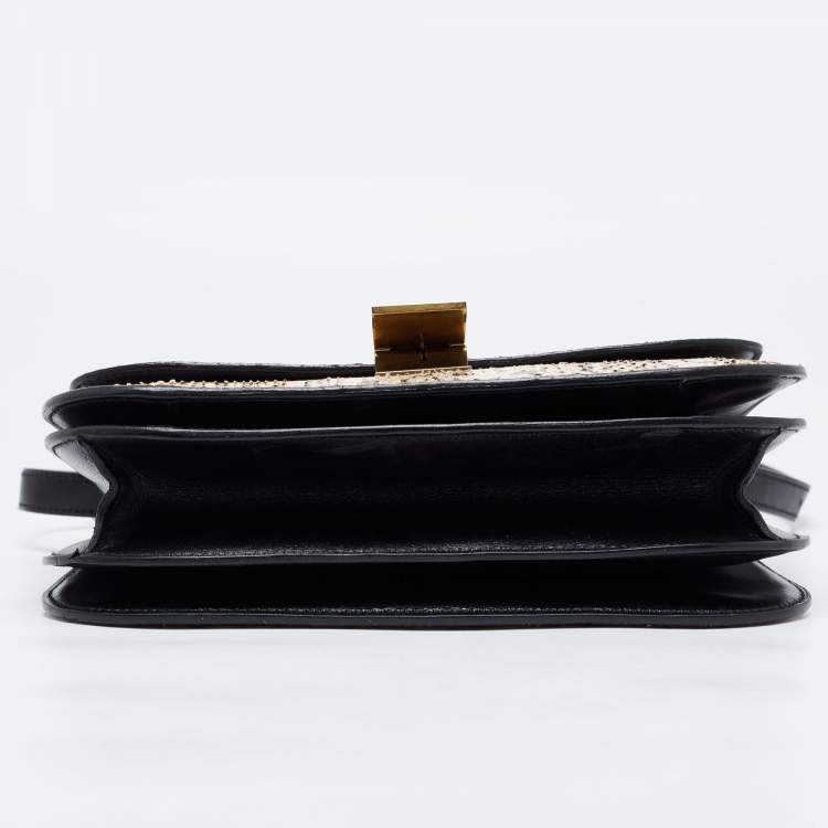 Pre Owned Celine Black/Beige Python and Leather Medium Classic Box Shoulder Bag
