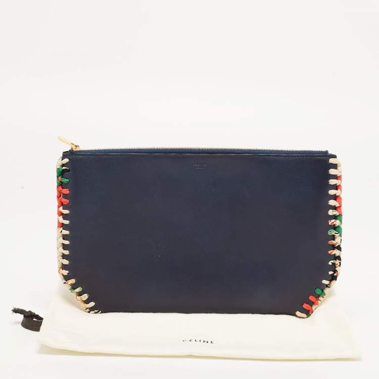 Pre Owned Celine Navy Blue Leather Braided Zip Pouch