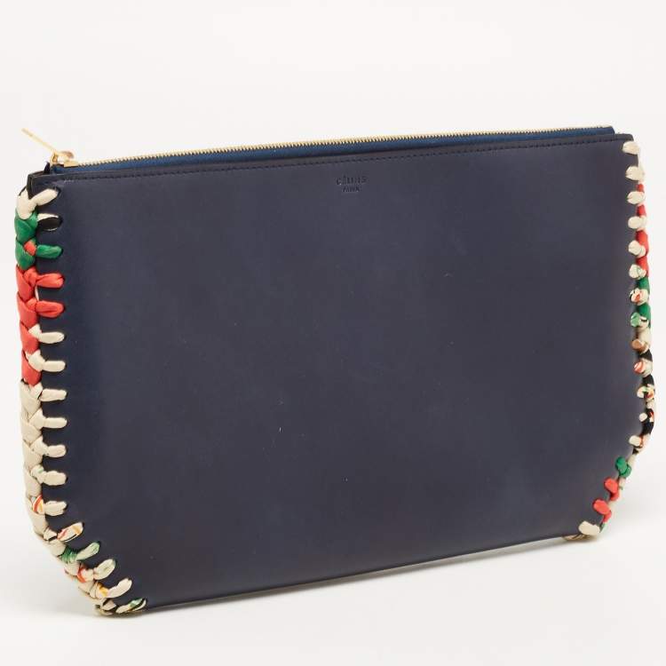 Pre Owned Celine Navy Blue Leather Braided Zip Pouch