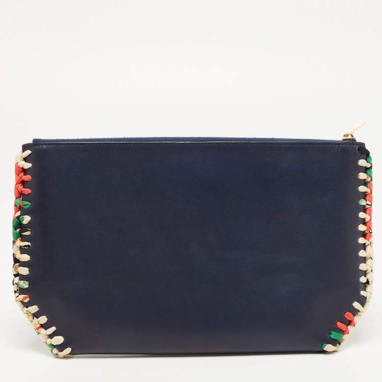 Pre Owned Celine Navy Blue Leather Braided Zip Pouch