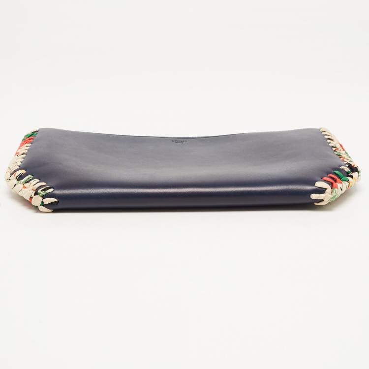 Pre Owned Celine Navy Blue Leather Braided Zip Pouch