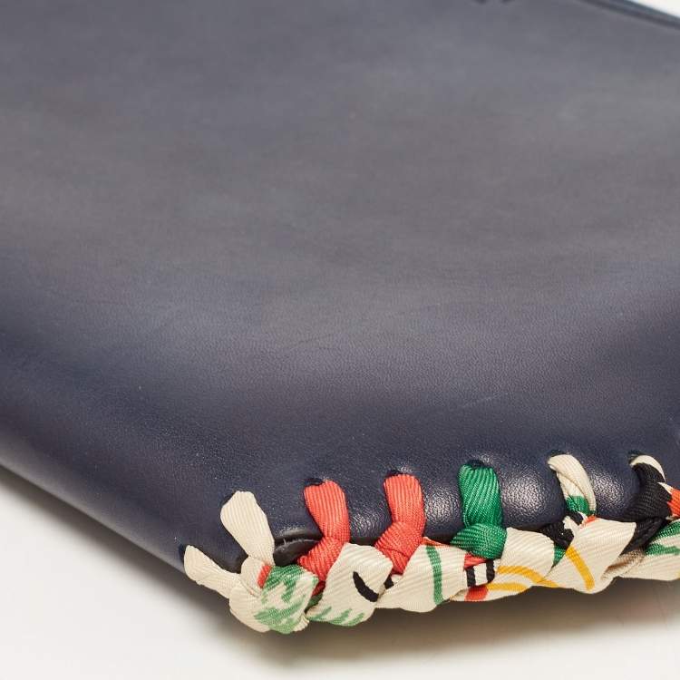 Pre Owned Celine Navy Blue Leather Braided Zip Pouch