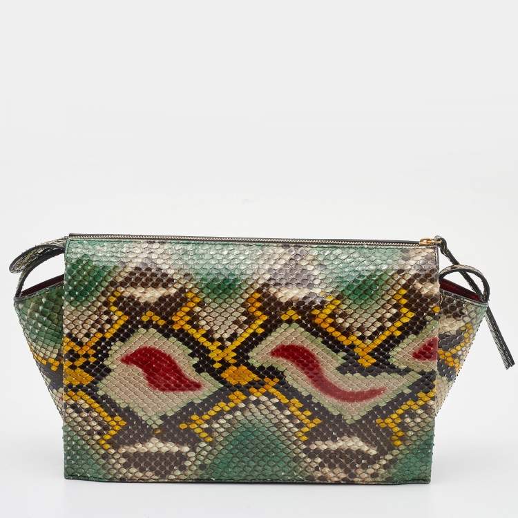Pre Owned Celine Multicolour Python Tri Fold Chain Clutch 