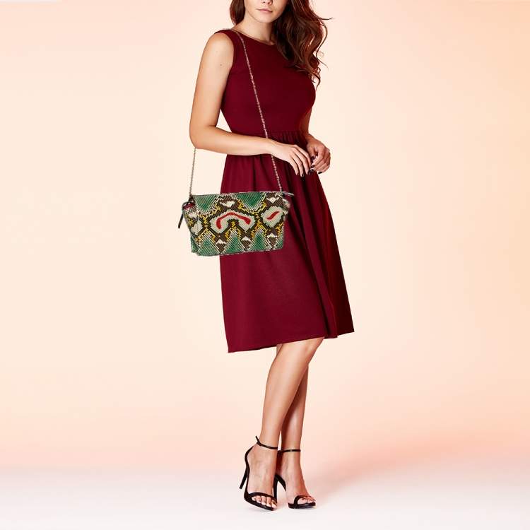 Pre Owned Celine Multicolour Python Tri Fold Chain Clutch 