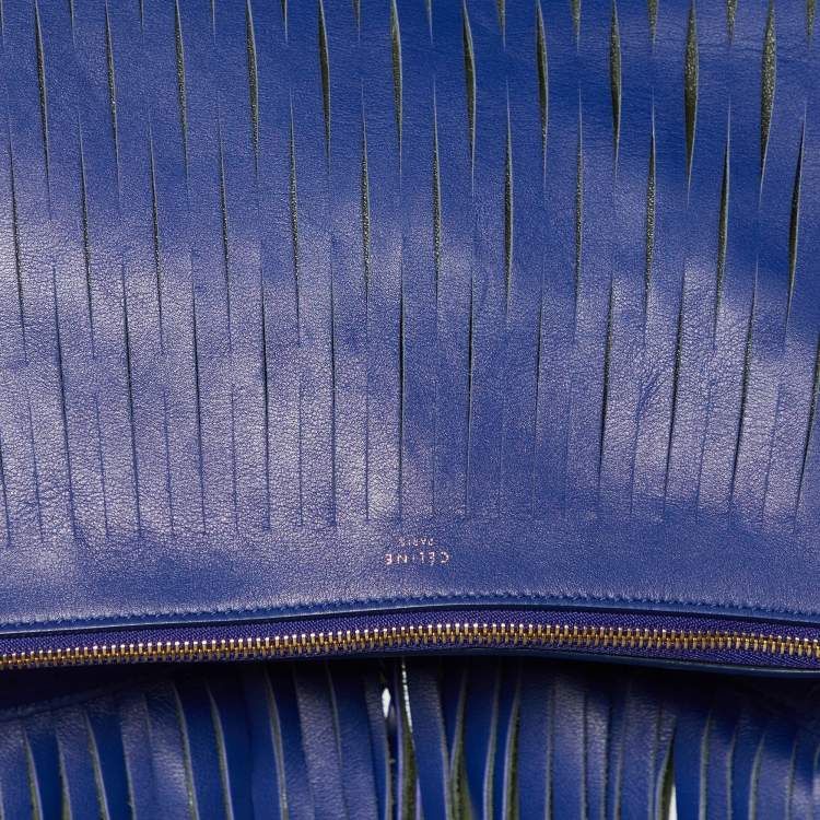 Pre Owned Celine Navy Blue Leather Lasercut Fringe Fold Over Clutch