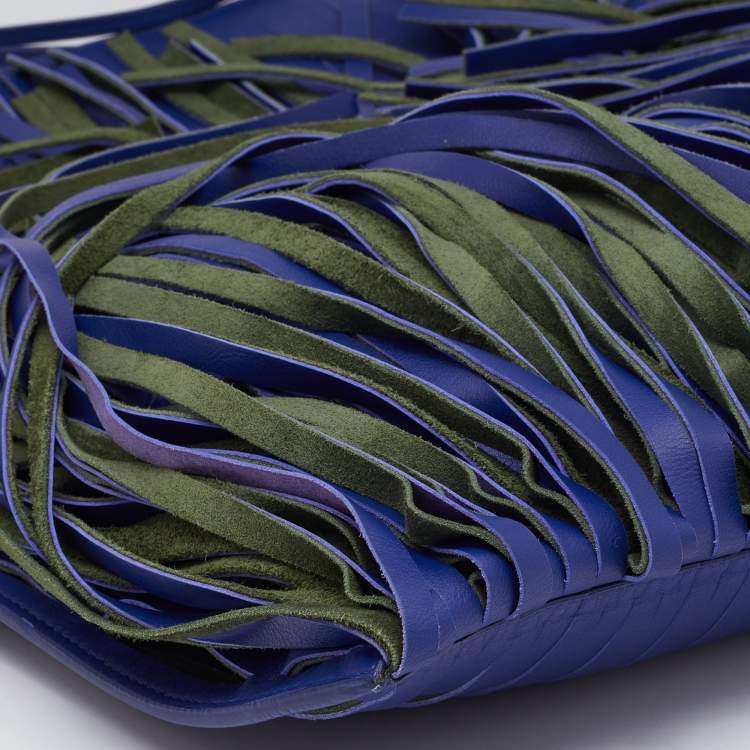 Pre Owned Celine Navy Blue Leather Lasercut Fringe Fold Over Clutch