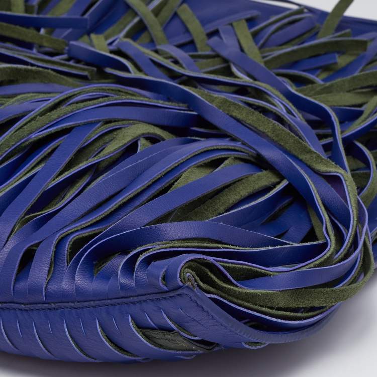 Pre Owned Celine Navy Blue Leather Lasercut Fringe Fold Over Clutch