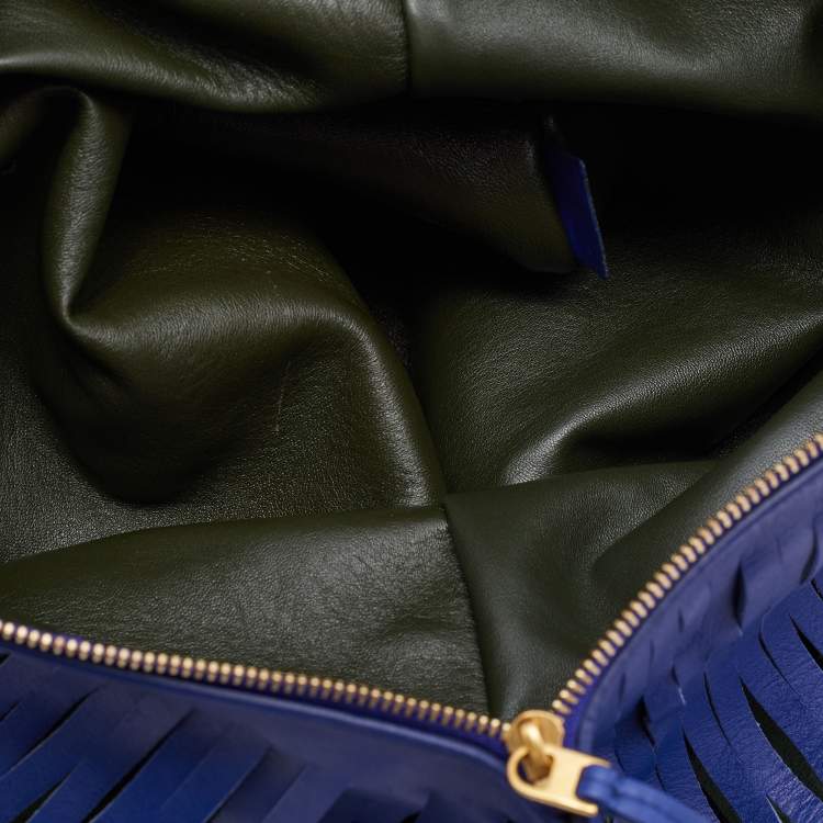 Pre Owned Celine Navy Blue Leather Lasercut Fringe Fold Over Clutch