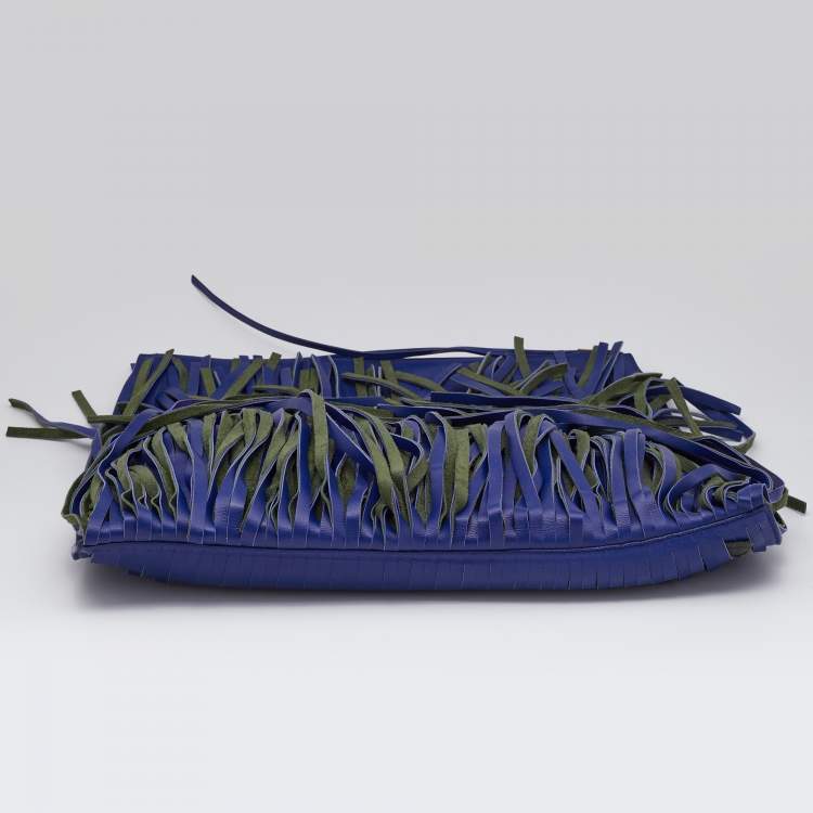 Pre Owned Celine Navy Blue Leather Lasercut Fringe Fold Over Clutch