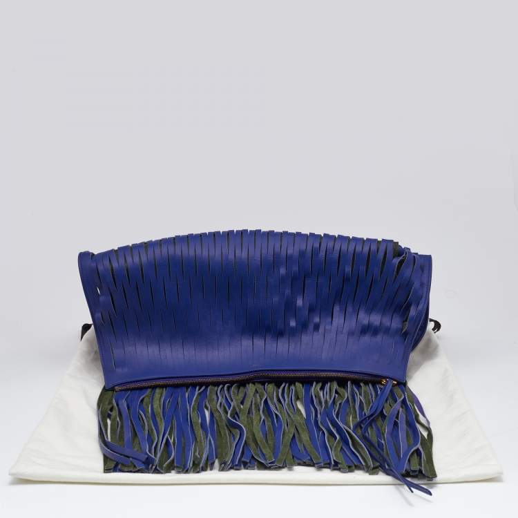 Pre Owned Celine Navy Blue Leather Lasercut Fringe Fold Over Clutch