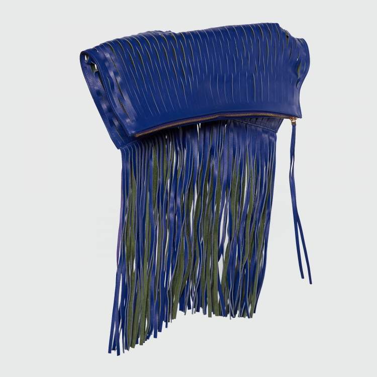 Pre Owned Celine Navy Blue Leather Lasercut Fringe Fold Over Clutch