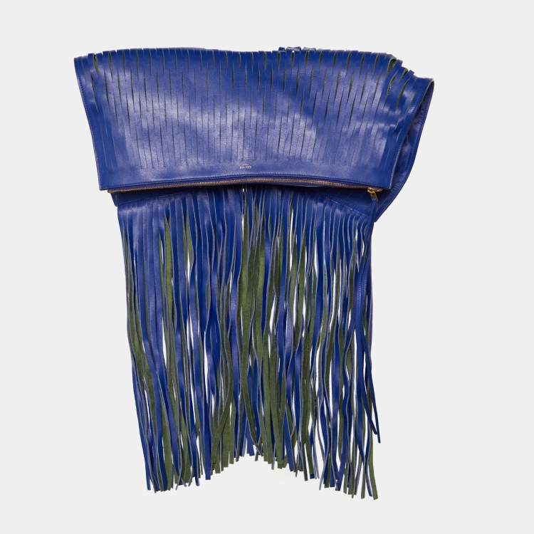 Pre Owned Celine Navy Blue Leather Lasercut Fringe Fold Over Clutch