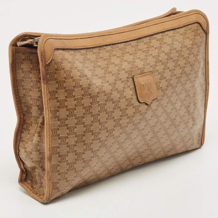 Pre Owned Celine Beige Macadam Coated Canvas and Leather Cosmetic Pouch