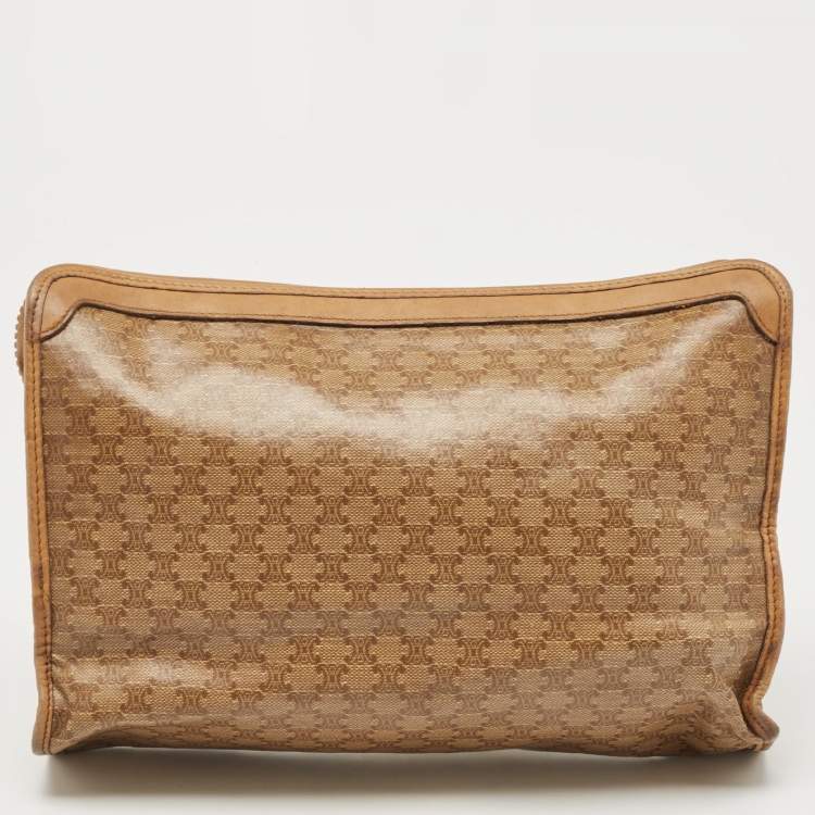 Pre Owned Celine Beige Macadam Coated Canvas and Leather Cosmetic Pouch