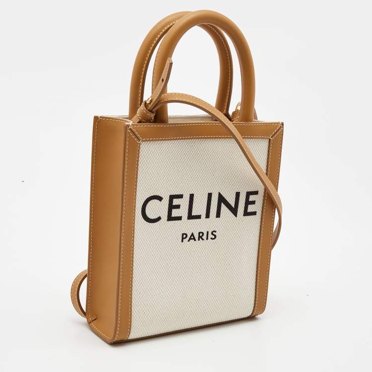 Pre Owned Celine Tan Logo Canvas and Leather Mini Vertical Cabas Tote 
