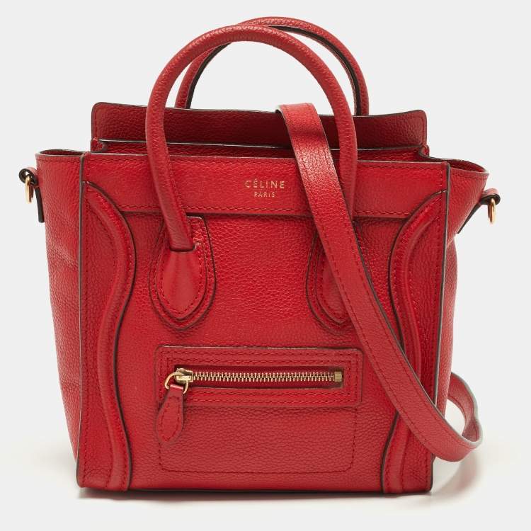 Celine Red Pebbled Leather Nano Luggage Tote Bag