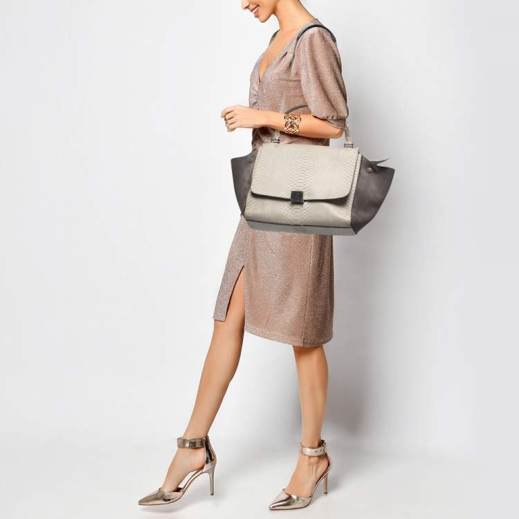 Pre Owned Celine Grey/Off-White Python and Suede Medium Trapeze Top Handle Bag