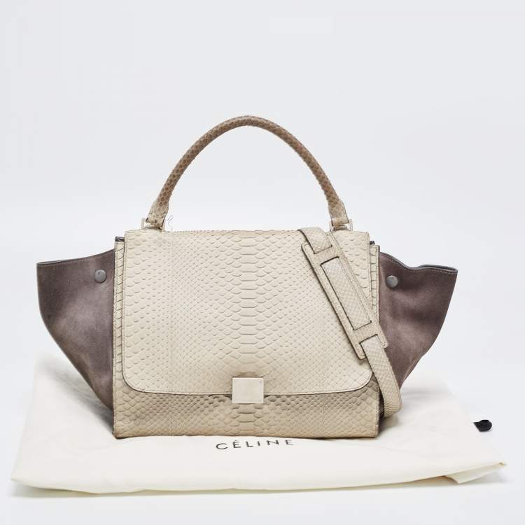 Pre Owned Celine Grey/Off-White Python and Suede Medium Trapeze Top Handle Bag