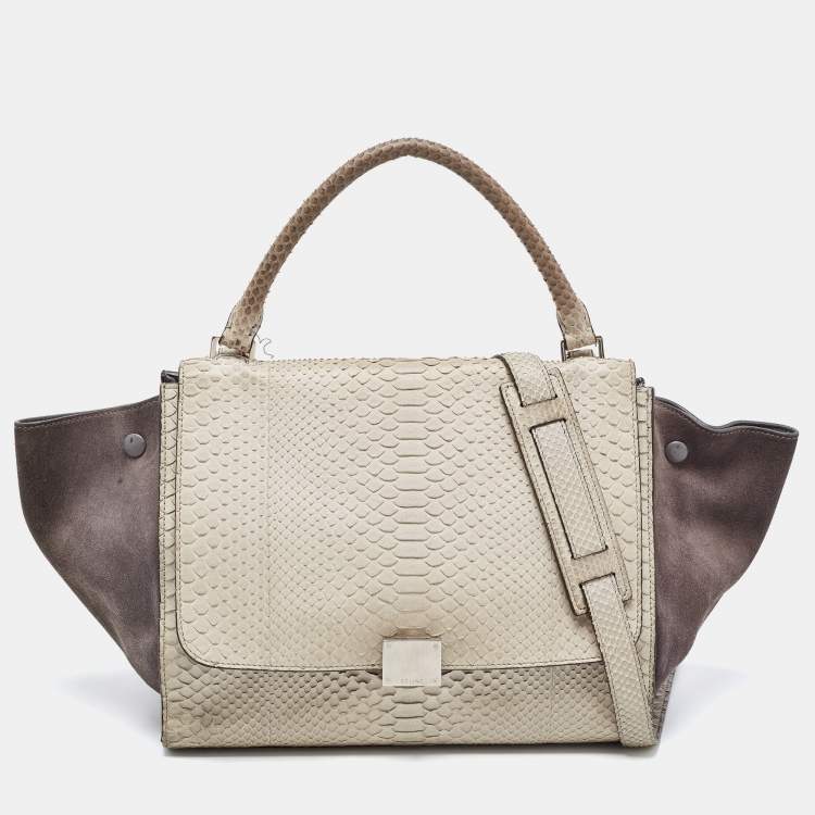 Pre Owned Celine Grey/Off-White Python and Suede Medium Trapeze Top Handle Bag