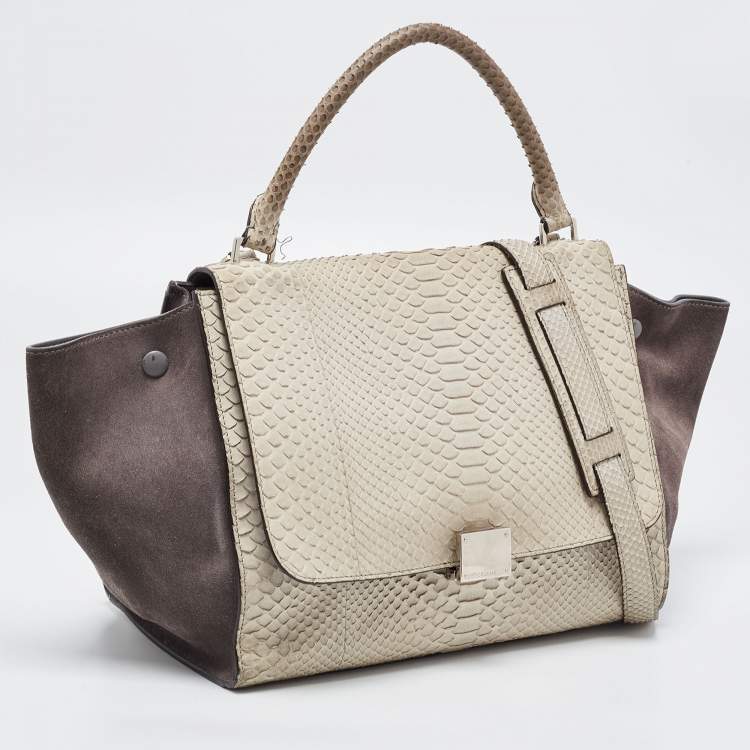 Pre Owned Celine Grey/Off-White Python and Suede Medium Trapeze Top Handle Bag