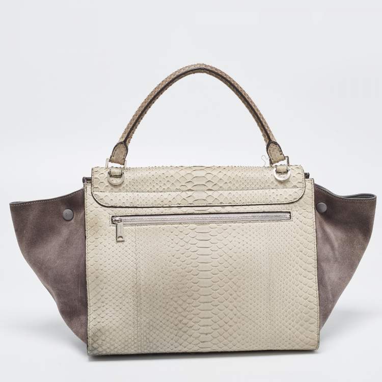 Pre Owned Celine Grey/Off-White Python and Suede Medium Trapeze Top Handle Bag