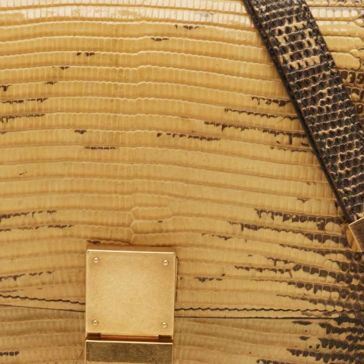 Pre Owned Celine Yellow/Black Lizard and Leather Medium Classic Box Bag