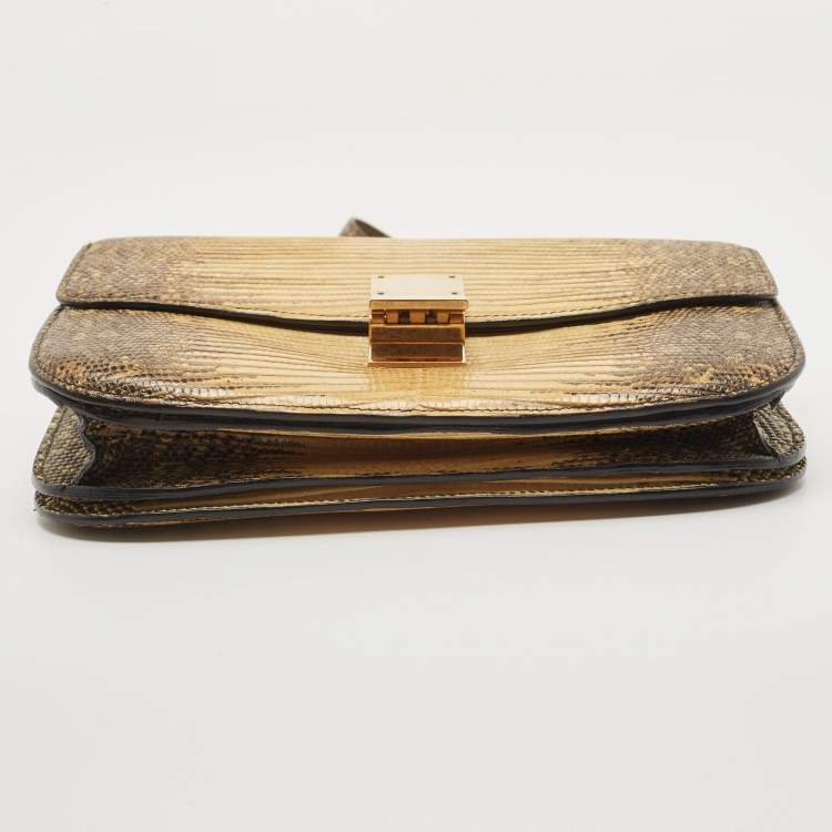 Pre Owned Celine Yellow/Black Lizard and Leather Medium Classic Box Bag